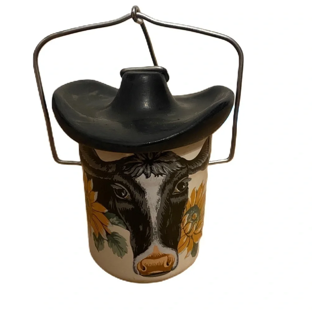 Vintage G. Jewen Cowboy Crock Cheese Hat Sunflowers Yellow Black Ceramic
